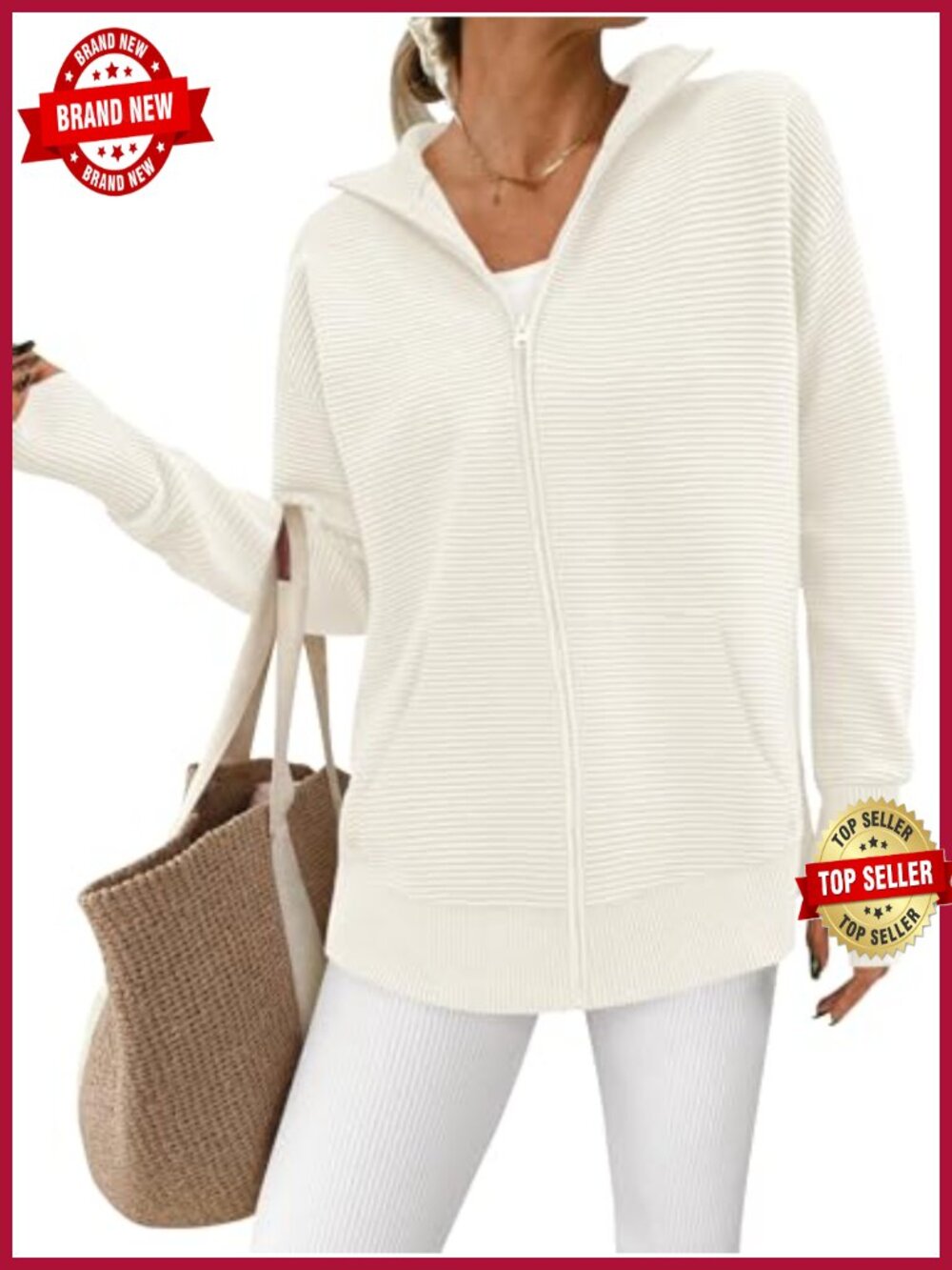 Womens Long Sleeve Zip Up Ribbed Cardigan Sweater with Pockets